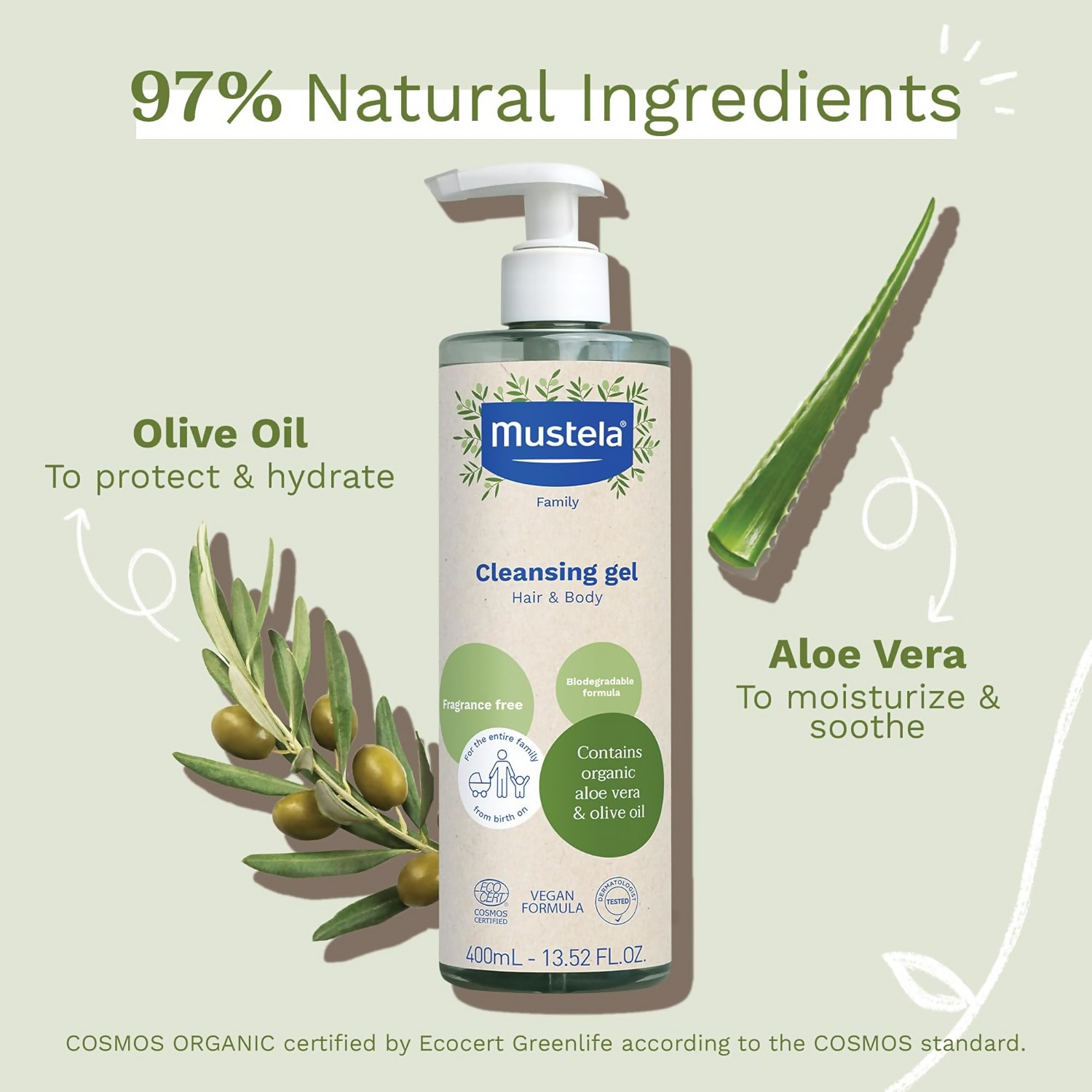 Mustela Certified Organic Cleansing Gel For Hair & Body Wash With Olive Oil & Aloe Vera