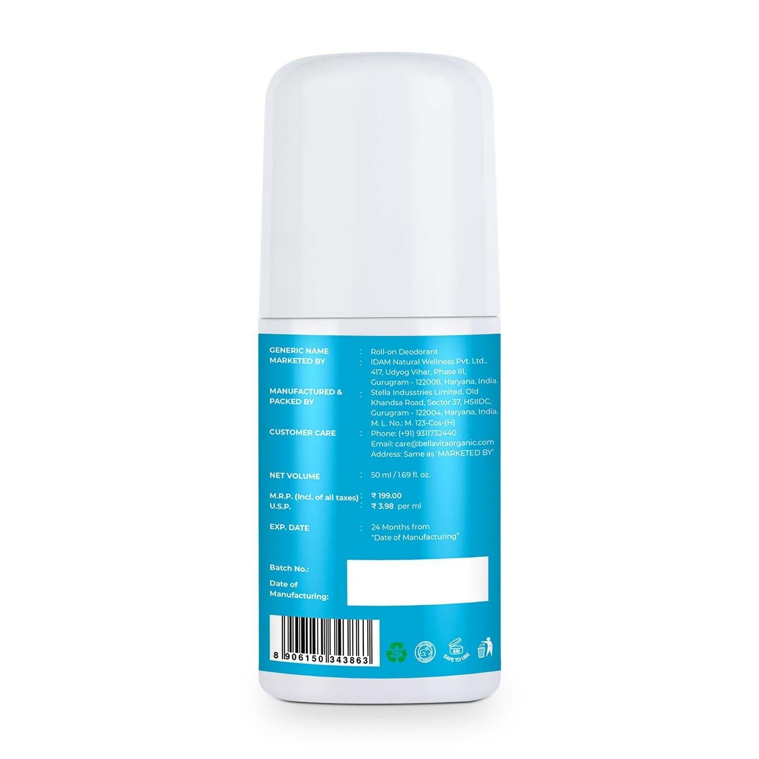 Bella Vita Fresh Natural Underarm Roll On Deodorant for Men & Women