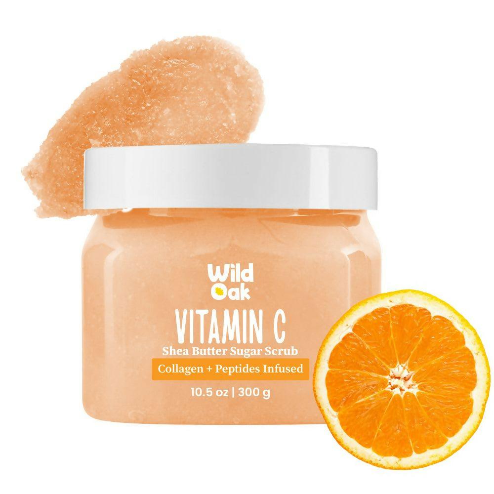 Wild Oak Vitamin C Shea Butter Sugar Scrub with AHA, Vegan Collagen & Peptides For Tan Removal & Smooth Skin