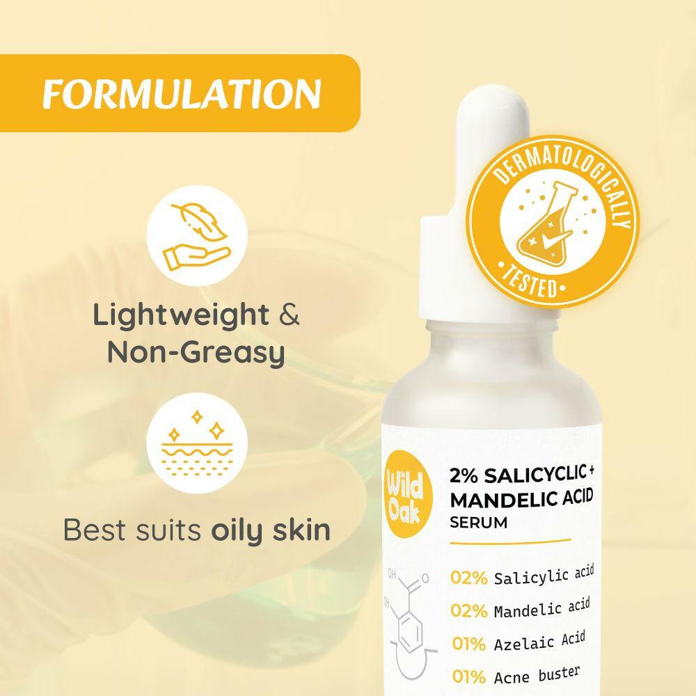 Wild Oak Anti Acne & Oil Control Face Serum 3X Power of 2% Salicylic Mandelic & Azelaic Acid, Anti-Acne Pore Cleansing & Skin Exfoliation
