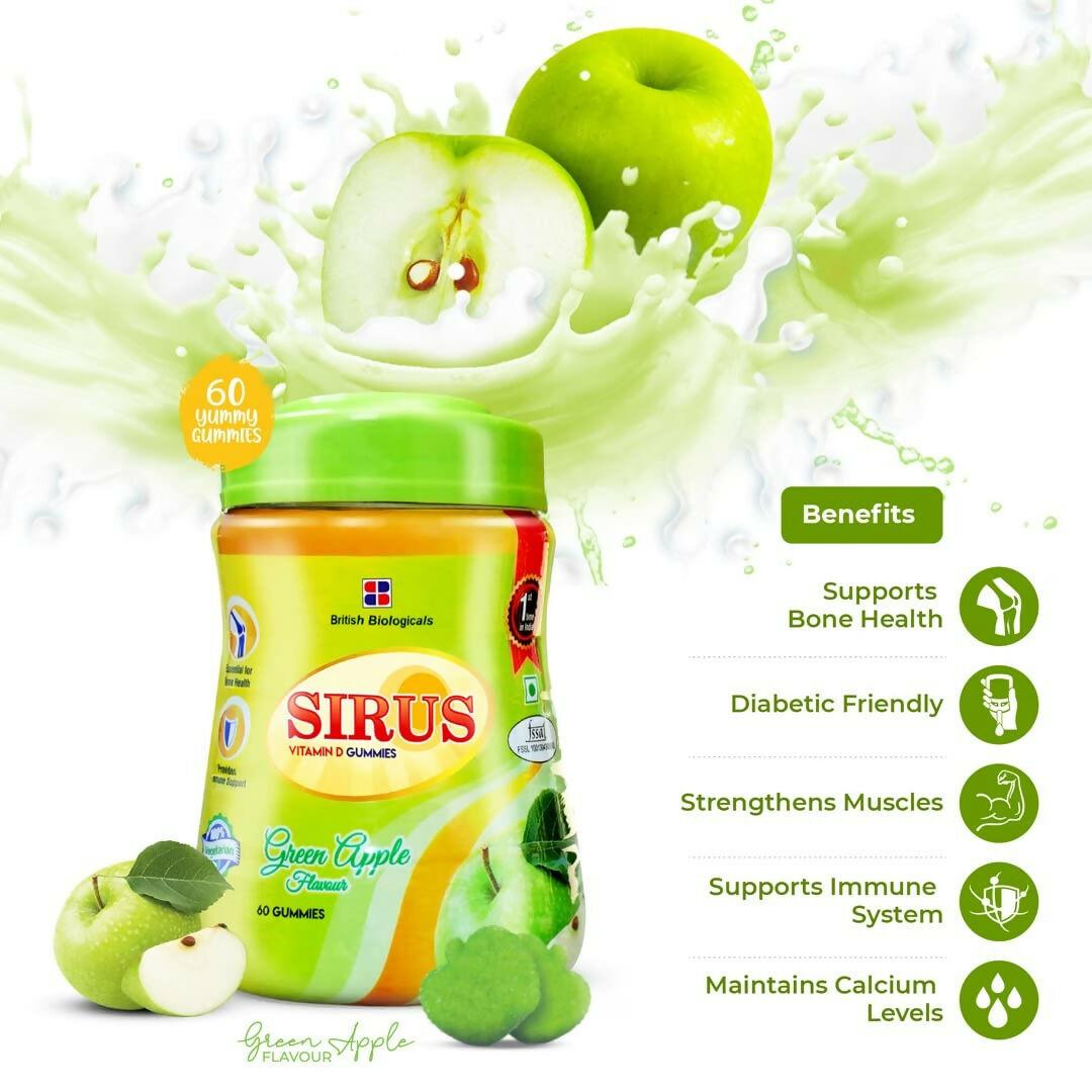 British Biologicals Sirus Vitamin D3 Gummies with Sugar for Women & Men - Green Apple