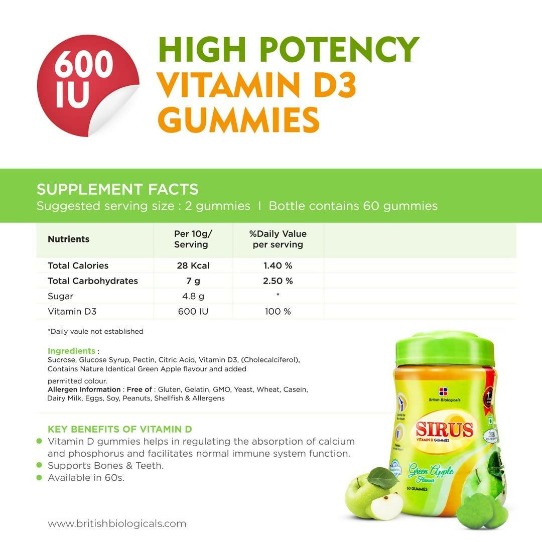 British Biologicals Sirus Vitamin D3 Gummies with Sugar for Women & Men - Green Apple