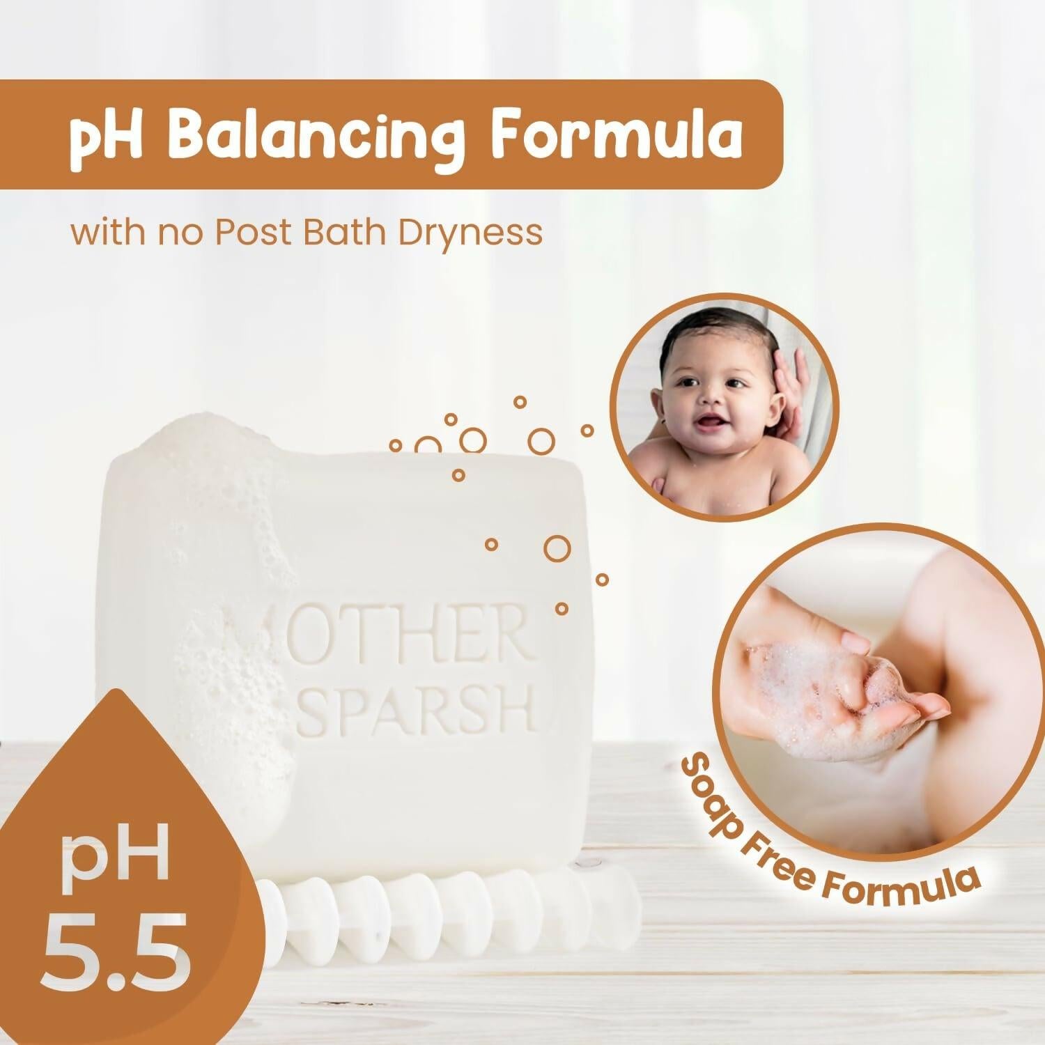 Mother Sparsh Milky Soft Baby Bathing Soap Bar For Hypoallergenic pH 5.5, Tear-Free Formulation, Prevents Dryness