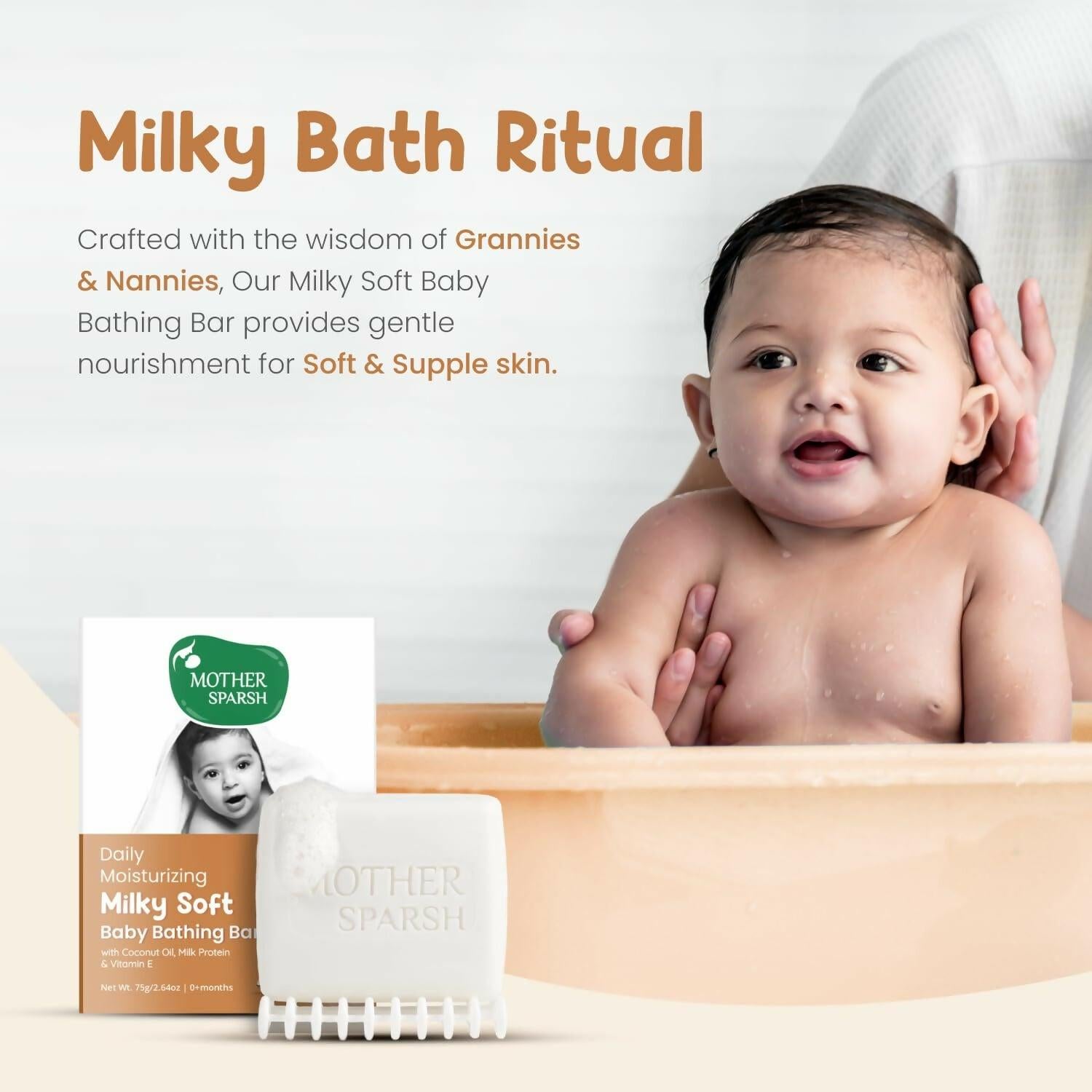Mother Sparsh Milky Soft Baby Bathing Soap Bar For Hypoallergenic pH 5.5, Tear-Free Formulation, Prevents Dryness