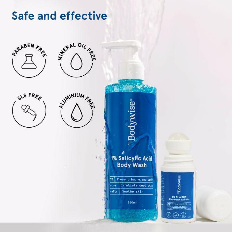 BeBodywise 1% Salicylic Acid Body Wash & 4% AHA BHA Underarm Roll On - Helps Exfoliate Skin
