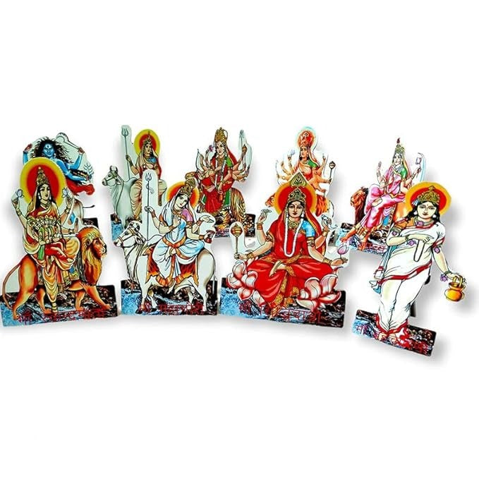 Set of 9 Pieces Nav Durga Wooden MDF Set for Navratri Decoration for Home Temple & Office Corporate Gifting (4 Inch)
