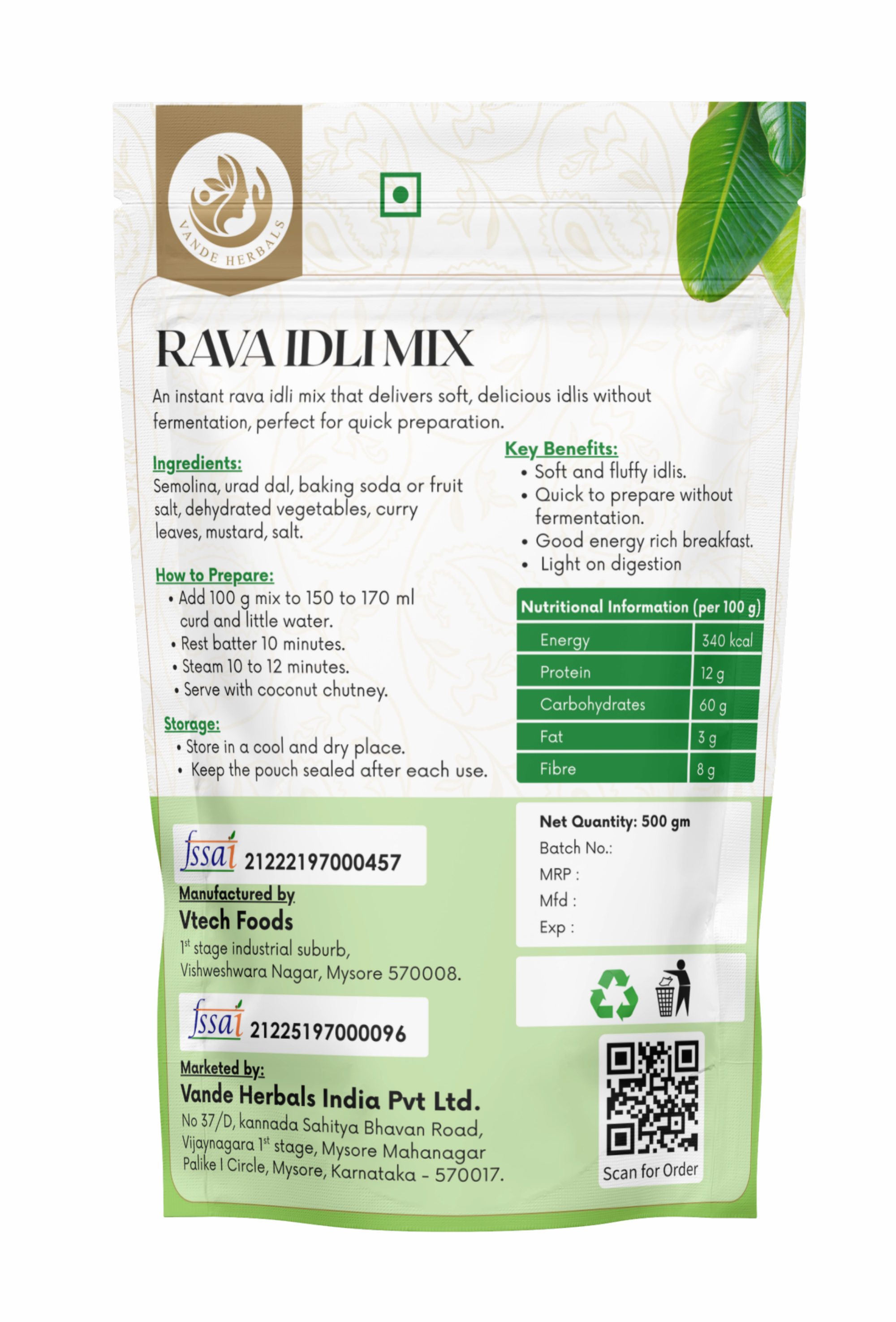 Rava Idli Mix 500 g Instant South Indian Breakfast Mix | Vande Herbals