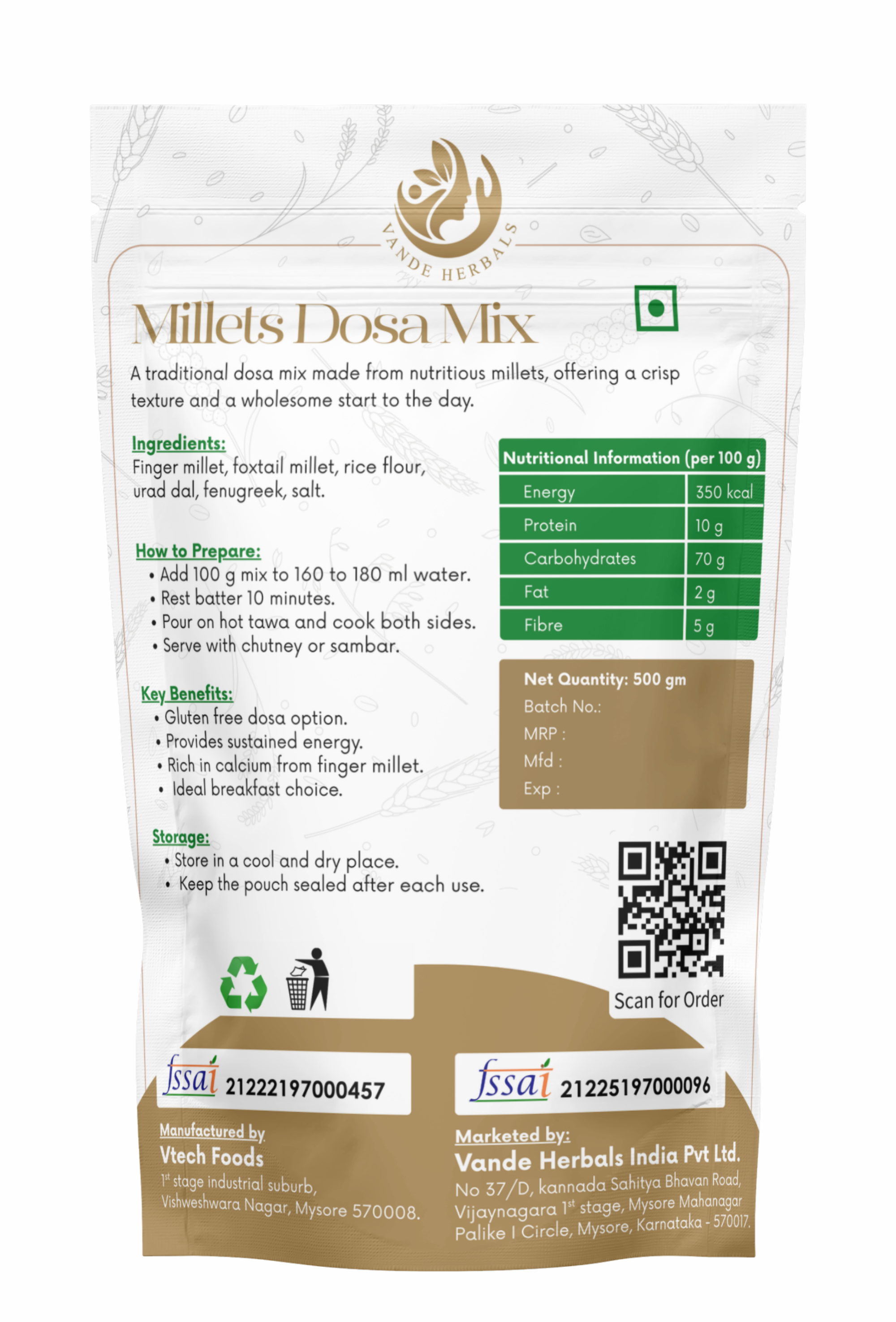 Millets Dosa Mix 500 g Instant South Indian Breakfast Mix | Vande Herbals