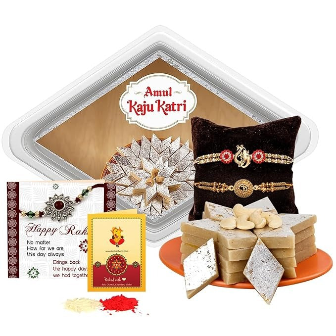 TIED RIBBONS Rakhi for Brother combo with Sweets - Set of 2 Premium Rakhi with Kaju Katli Gift Pack Mini Greeting Card and Roli Chawal - Rakhi Gift for Brother