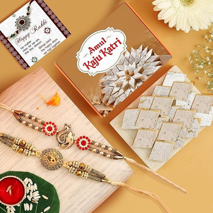 TIED RIBBONS Rakhi for Brother combo with Sweets - Set of 2 Premium Rakhi with Kaju Katli Gift Pack Mini Greeting Card and Roli Chawal - Rakhi Gift for Brother