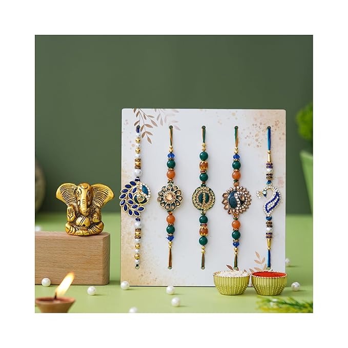 Dreamica Mens Rakhi Gift for Brother, Rakhi with Lord Ganesha Idol Combo Set | Best Rakhi for Brother | Pack of 8 (5 Rakhi, 1 Ganesh Idol, 1 Greeting Card, 1 Roli Chawal Pack,Gn-28)