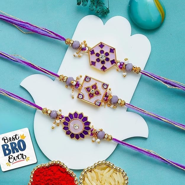 eCraftIndia Set of 3 Purple Floral Designer Rakhis | Best Bro Ever Fridge Magnet | Roli Chawal Pack | Rakhi for Brother