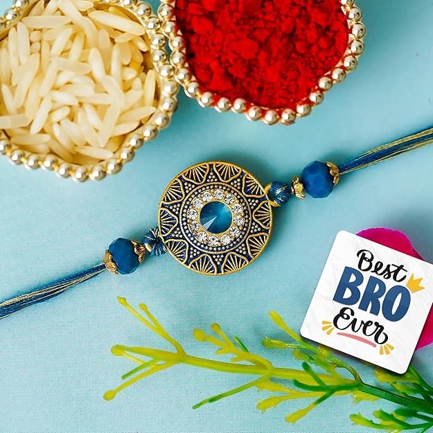 eCraftIndia Set of 2 Blue Kundan Designer and Religious Lord Ganesha Rakhis, Best Bro Ever Fridge Magnet with Roli Chawal Pack