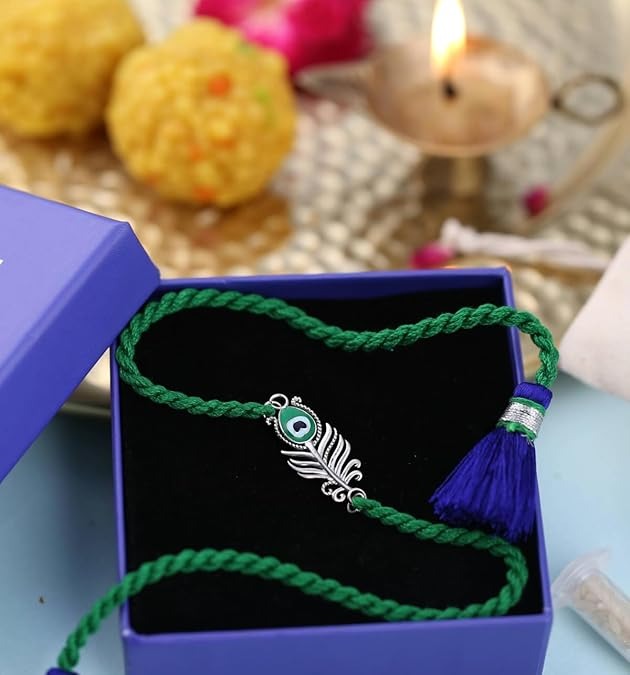 MEENAKARI HERITAGE JEWELLERY 925 Sterling Silver Morpankh Peacock Feather Krishna Rakhi Bracelet Set with Roli Chawal and Rakshabandhan Greeting Card For Men