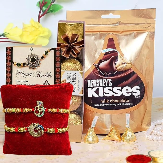 TIED RIBBONS Rakhi Gift for Brother with Chocolate - Set of 2 Designer Rakhi with Hershey's Kisses and Ferrero Rocher Chocolates - Rakhi for Brother, 200 grams