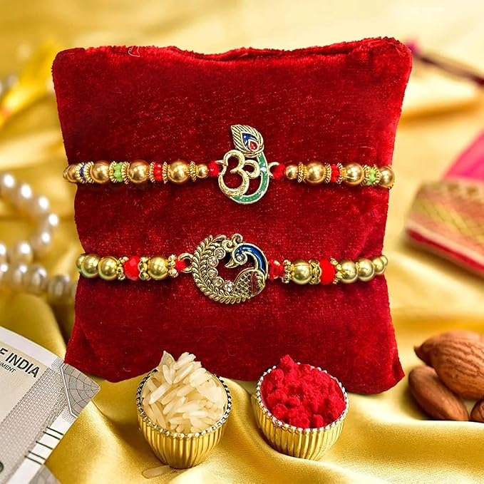 TIED RIBBONS Rakhi Gift for Brother with Chocolate - Set of 2 Designer Rakhi with Hershey's Kisses and Ferrero Rocher Chocolates - Rakhi for Brother, 200 grams