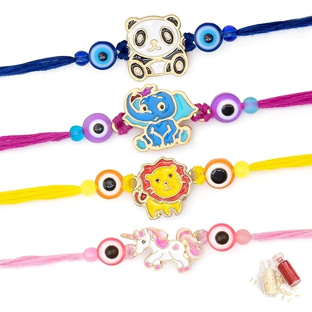 To The Nines Kids Rakhi For Brother With Tilak Material and Greeting Card - Pack of 4 Kids Rakhi