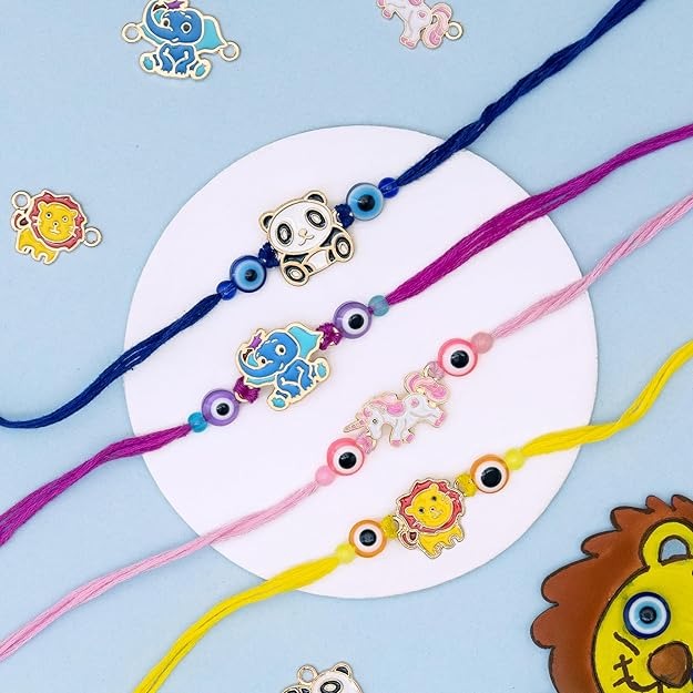 To The Nines Kids Rakhi For Brother With Tilak Material and Greeting Card - Pack of 4 Kids Rakhi