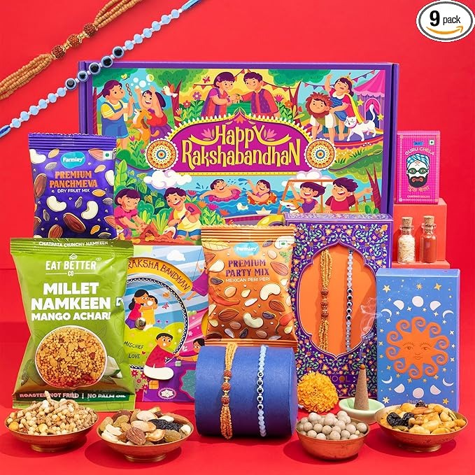 Phool Bandhan Rakhi Gift Box for Brother & Bhabhi | 9-in-1 Rakhi Hamper with Rudraksha & Ocean Gaze Rakhi, Dry Fruits, Millet Snacks, Mouth Freshener & Greeting Card