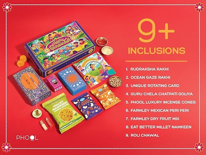 Phool Bandhan Rakhi Gift Box for Brother & Bhabhi | 9-in-1 Rakhi Hamper with Rudraksha & Ocean Gaze Rakhi, Dry Fruits, Millet Snacks, Mouth Freshener & Greeting Card