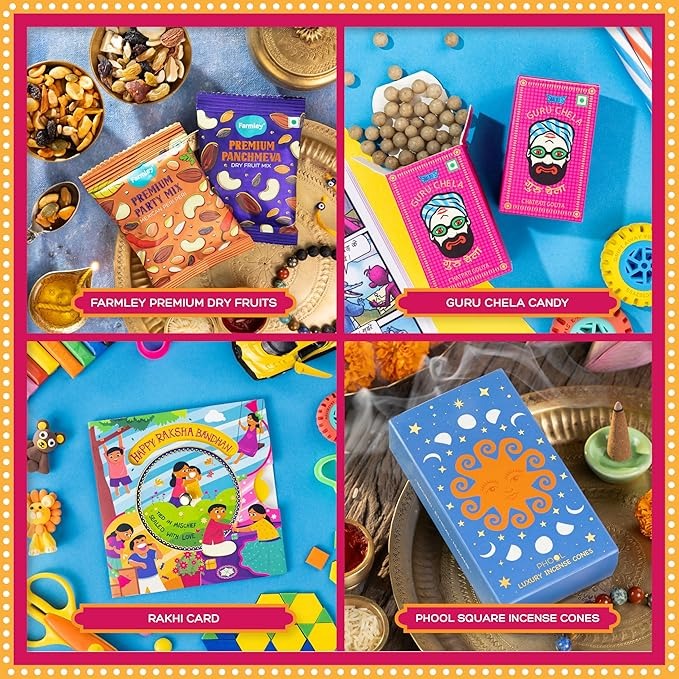 Phool Bandhan Rakhi Gift Box for Brother & Bhabhi | 9-in-1 Rakhi Hamper with Rudraksha & Ocean Gaze Rakhi, Dry Fruits, Millet Snacks, Mouth Freshener & Greeting Card