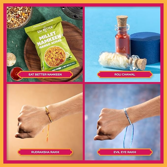 Phool Bandhan Rakhi Gift Box for Brother & Bhabhi | 9-in-1 Rakhi Hamper with Rudraksha & Ocean Gaze Rakhi, Dry Fruits, Millet Snacks, Mouth Freshener & Greeting Card