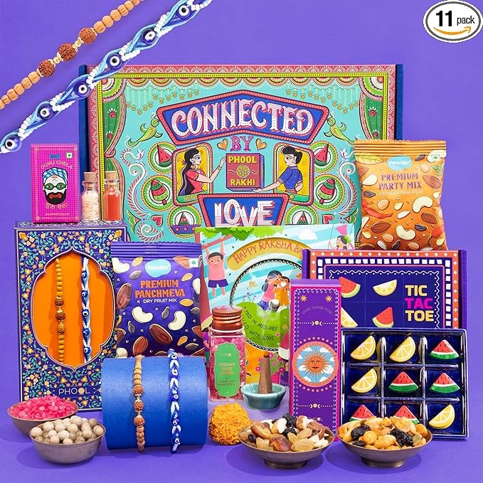 Phool Tera Mera Rakhi Gift Box for Brother | 11-in-1 Rakhi Hamper with Rudraksha & Mystic Braid Rakhi, Dhoop Cone, Dry Fruits, Mouth Freshener, Tic-Tac-Toe & Greeting Card