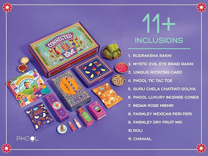 Phool Tera Mera Rakhi Gift Box for Brother | 11-in-1 Rakhi Hamper with Rudraksha & Mystic Braid Rakhi, Dhoop Cone, Dry Fruits, Mouth Freshener, Tic-Tac-Toe & Greeting Card