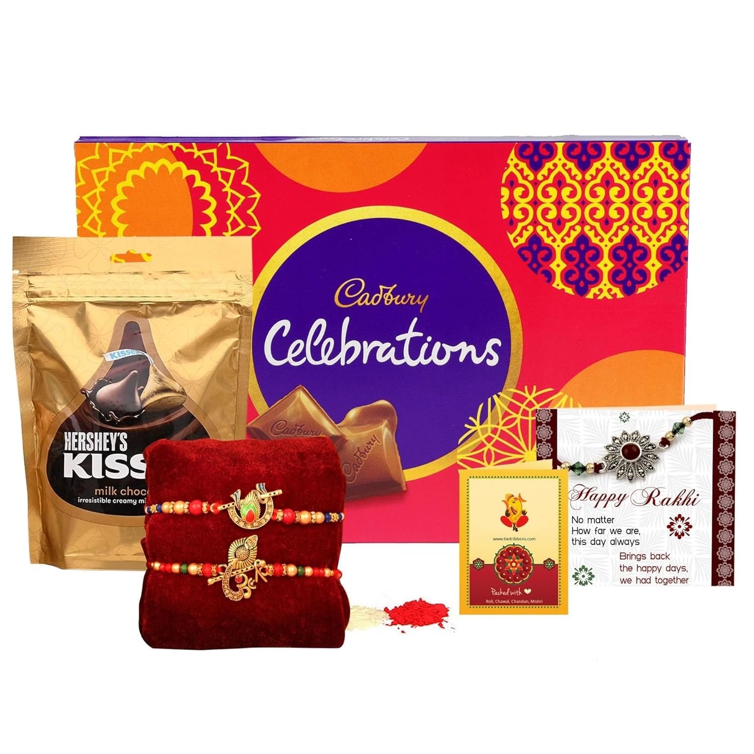 TIED RIBBONS Rakhi For Brother Chocolates Combo With Gift - Set Of 2 Premium Rakhi With Chocolates Pack Mini Greeting Card And Roli Chawal - Rakhi Gift For Brother, 250 Gram
