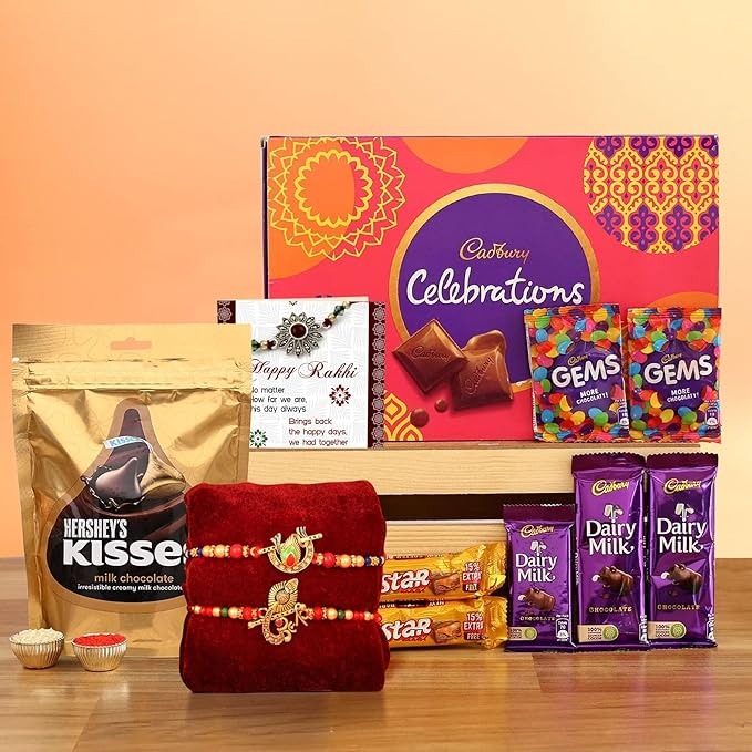 TIED RIBBONS Rakhi For Brother Chocolates Combo With Gift - Set Of 2 Premium Rakhi With Chocolates Pack Mini Greeting Card And Roli Chawal - Rakhi Gift For Brother, 250 Gram