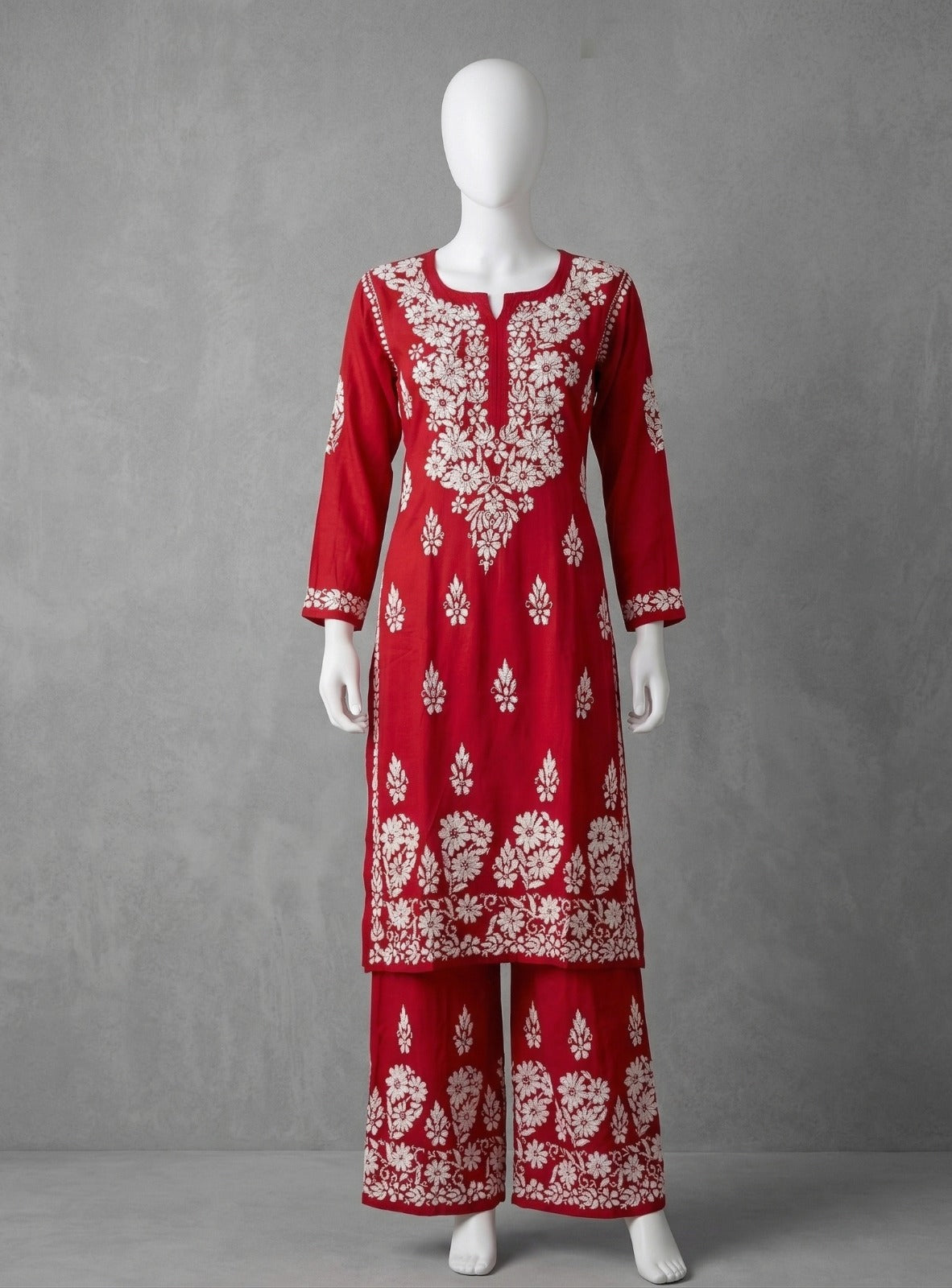 Premium Red Rayon Embroidered Kurta with Plazo Set