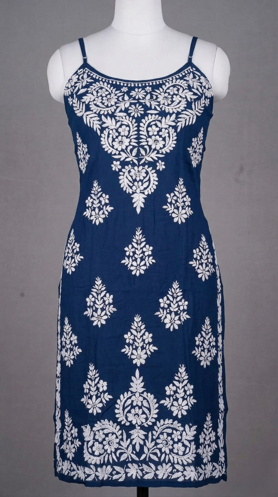 Navy Blue Embroidered Modal Noodle Strap Kurti