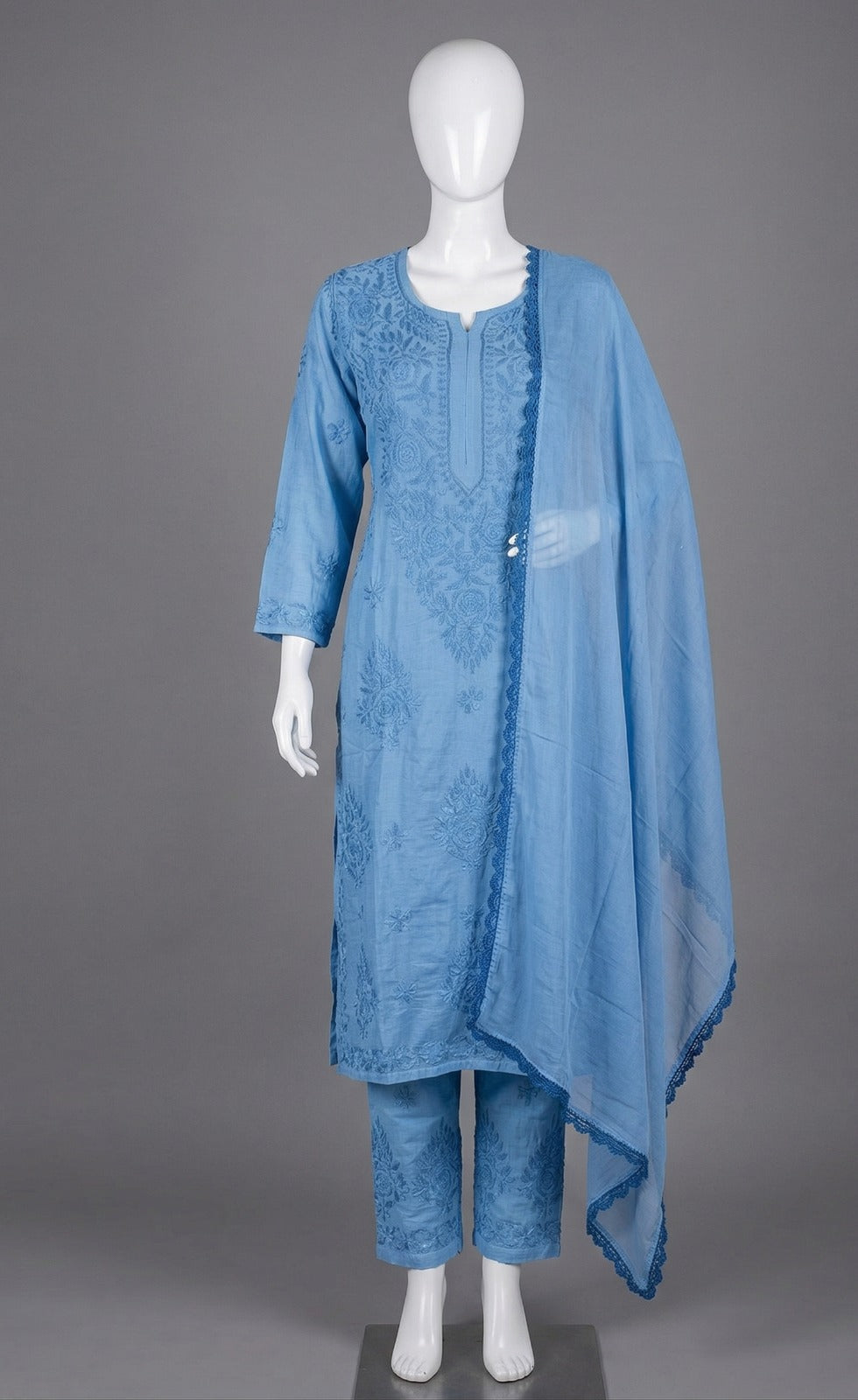Sky Blue Embroidered Masleen 3 Pc Kurti Plazo Set with Dupatta