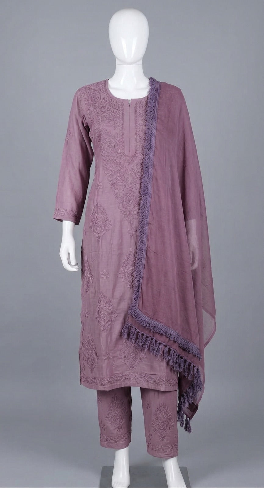 Dusty Mauve Embroidered Masleen 3 Pc Kurti Plazo Set with Dupatta