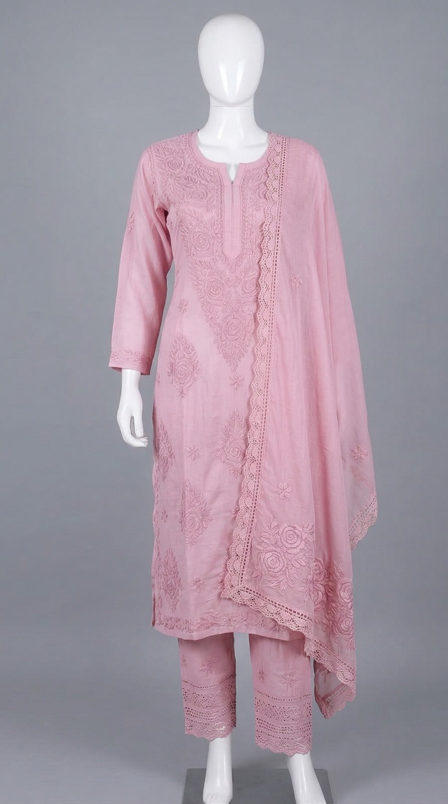 Blush Pink Embroidered Masleen 3 Pc Kurti Plazo Set with Dupatta
