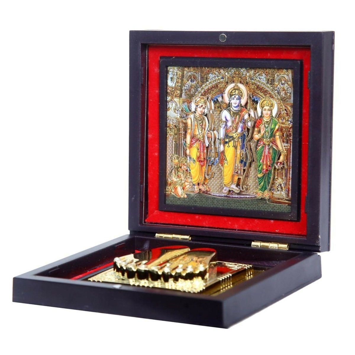 AncientlRam Darbar Pocket Temple Box With Charan Paduka Square Shaped, Gold Plated