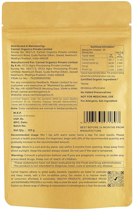 Amla Fruit Powder | 100, 500 grams | Jaivik Bharat Certified | Indian gooseberries Powder. | Malanelli,Amalakkamu,Usirikai Powder | No Added Preservatives