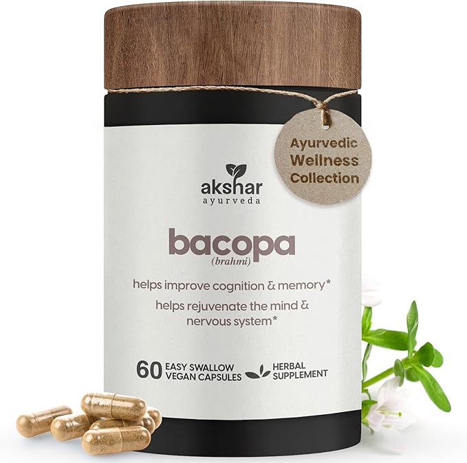 AKSHAR Ayurveda - Bacopa 500mg Brahmi Supplement, Rejuvenate System - Bacopa Pills to Support Cognitive Function for Adults - Vegan Cruelty Free Bacopa Monnieri (60 Count)