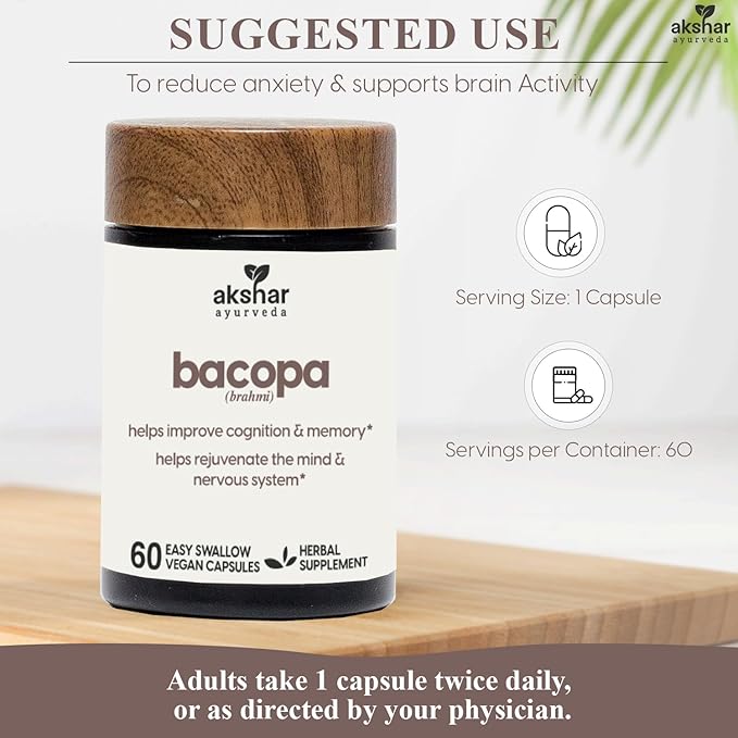 AKSHAR Ayurveda - Bacopa 500mg Brahmi Supplement, Rejuvenate System - Bacopa Pills to Support Cognitive Function for Adults - Vegan Cruelty Free Bacopa Monnieri (60 Count)