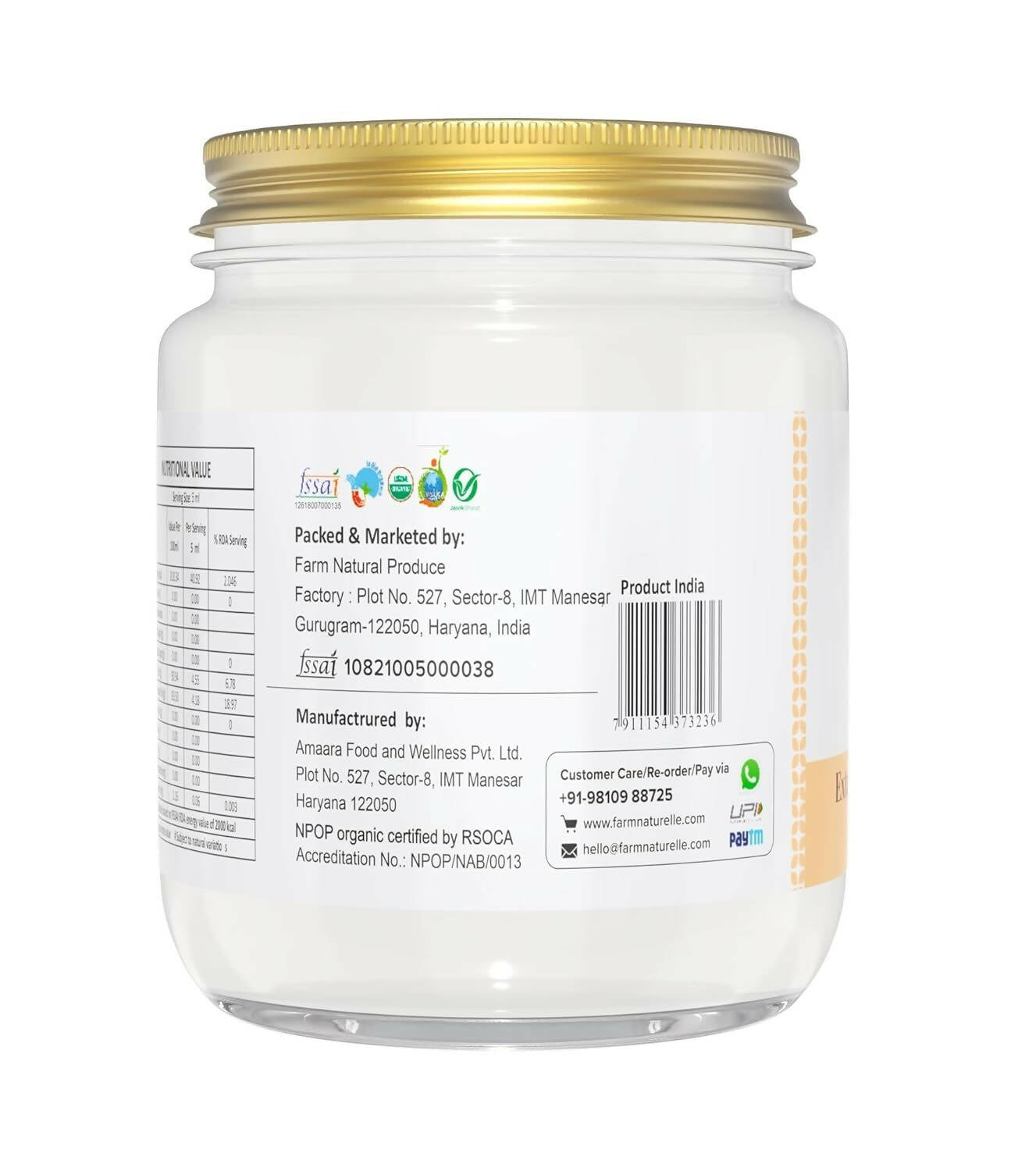 Farm Naturelle 100% Pure Organic Extra-Virgin Cold Pressed Coconut Oil