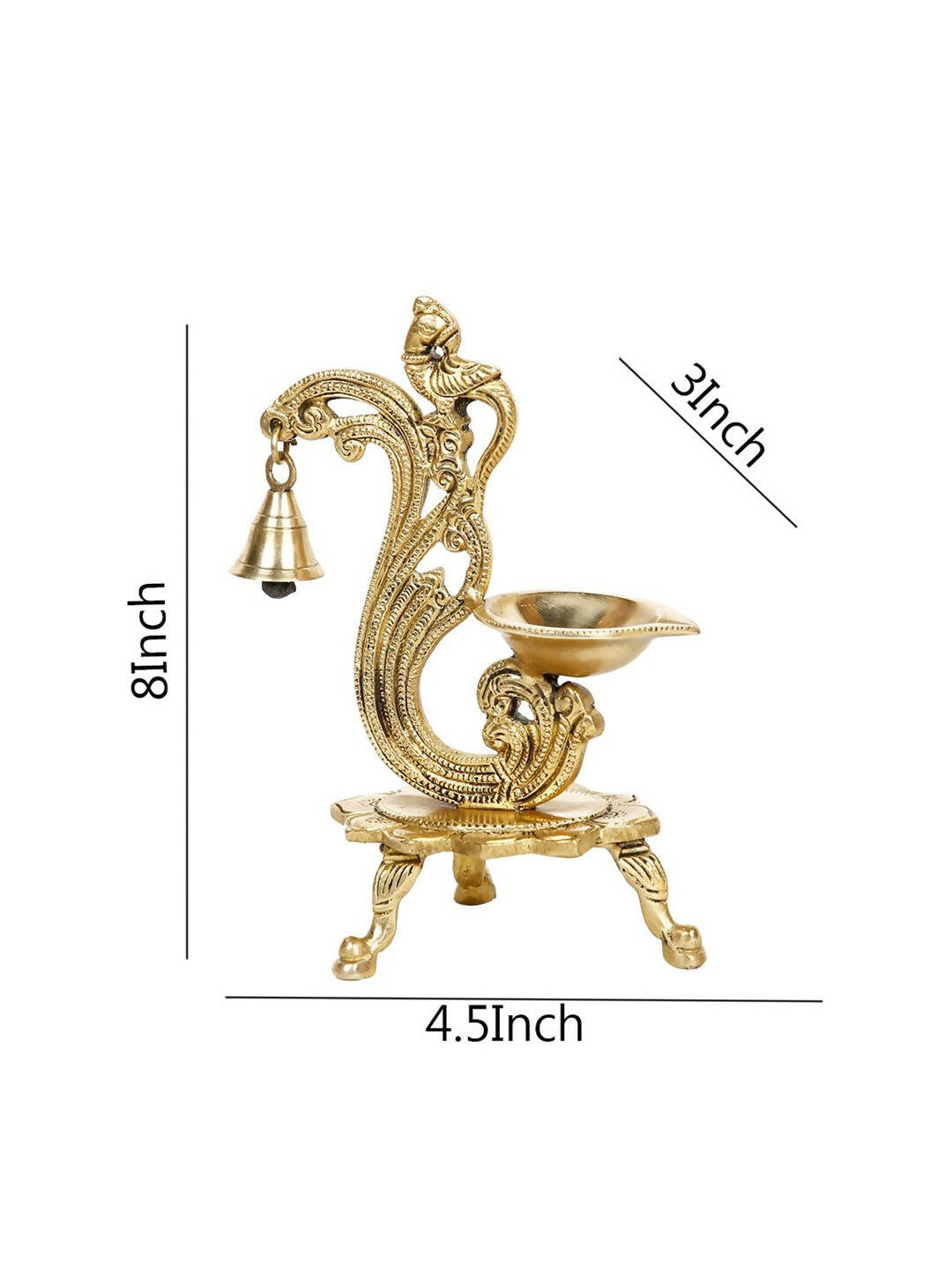 CraftVatika Gold-Toned Brass Handmade Decorative Peacock Design Diya with Bell & Stand