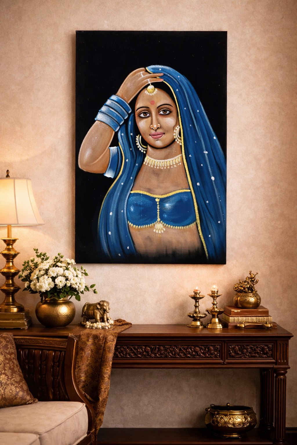 Traditional Indian Woman Oil Painting on Black Velvet