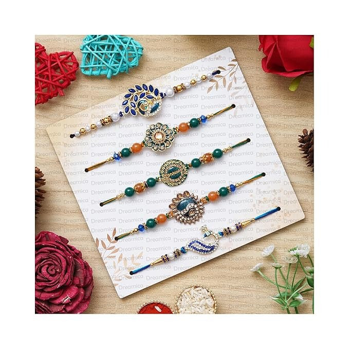 Dreamica Mens Rakhi Gift for Brother, Rakhi with Lord Ganesha Idol Combo Set | Best Rakhi for Brother | Pack of 8 (5 Rakhi, 1 Ganesh Idol, 1 Greeting Card, 1 Roli Chawal Pack,Gn-28)