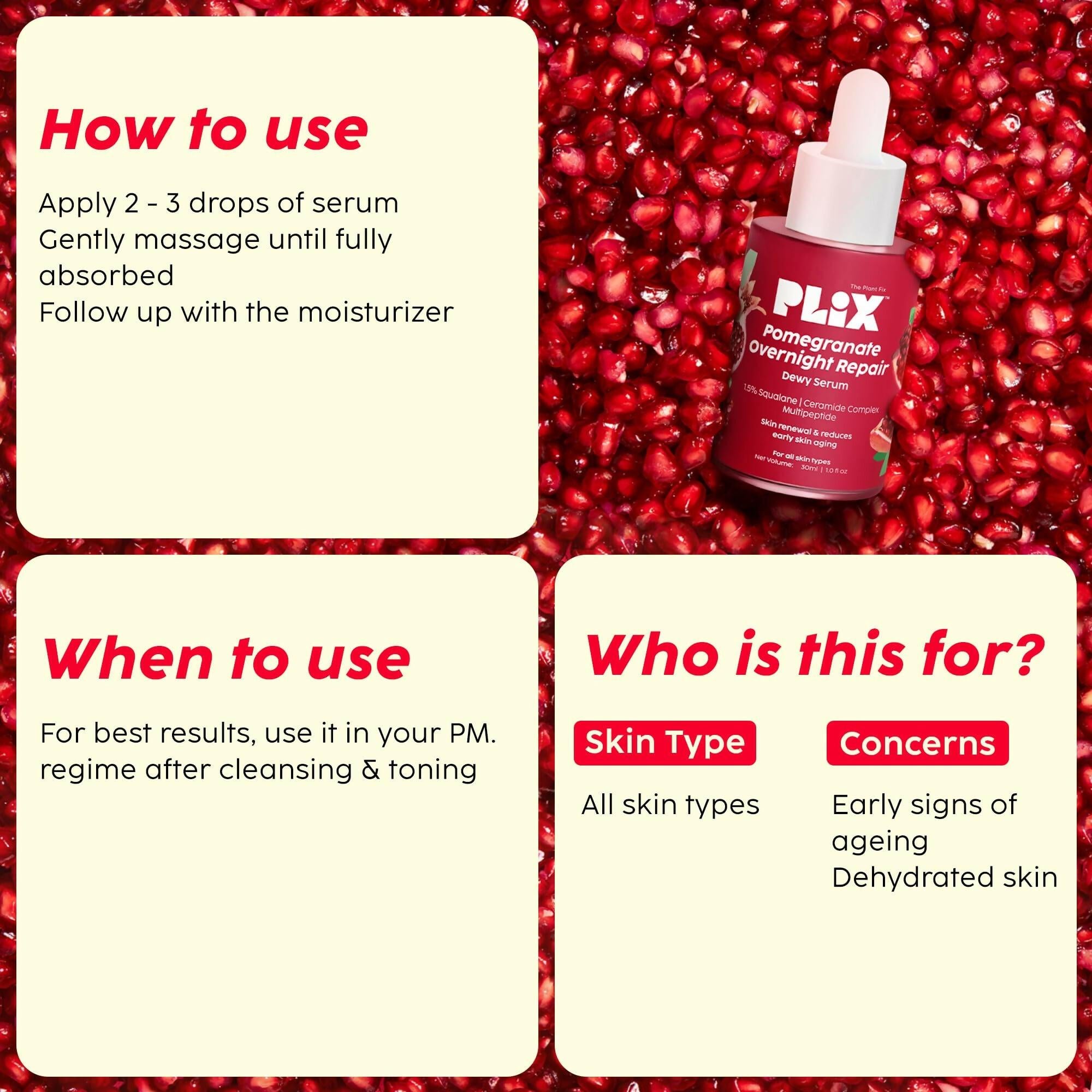 PLIX The Plant Fix Pomegranate Overnight Repair Dewy Serum - Reduce Fine Lines & Wrinkles
