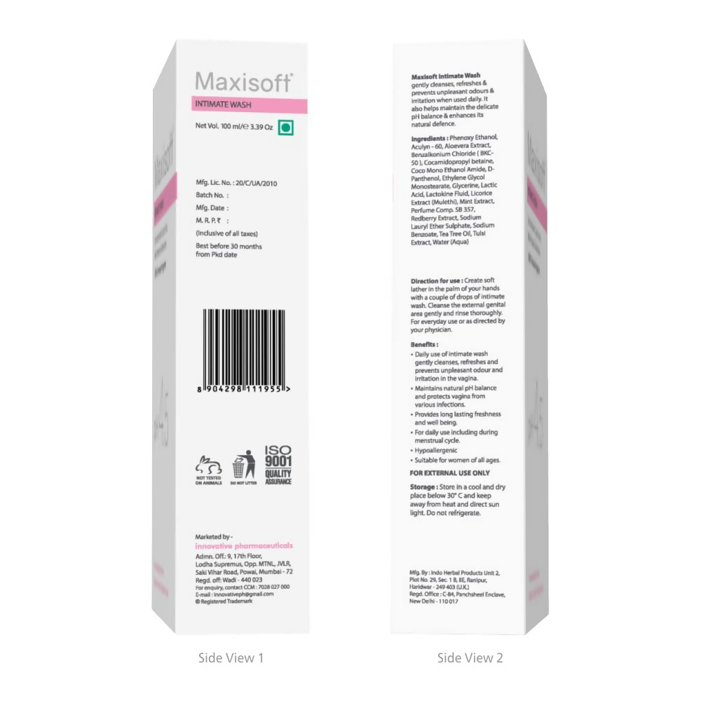 Maxisoft Intimate Wash With Aloe Vera, Glycerine Licorice Redberry Tea Tree Oil & Tulsi pH 4.5 Balanced