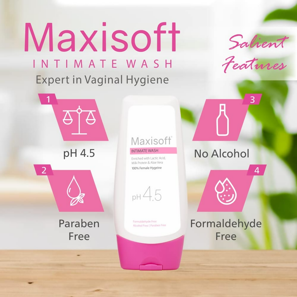 Maxisoft Intimate Wash With Aloe Vera, Glycerine Licorice Redberry Tea Tree Oil & Tulsi pH 4.5 Balanced