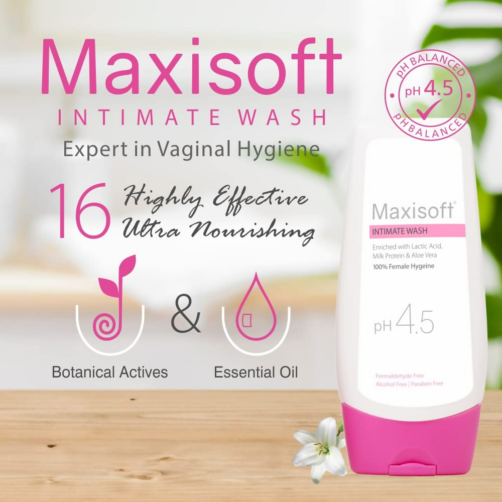 Maxisoft Intimate Wash With Aloe Vera, Glycerine Licorice Redberry Tea Tree Oil & Tulsi pH 4.5 Balanced