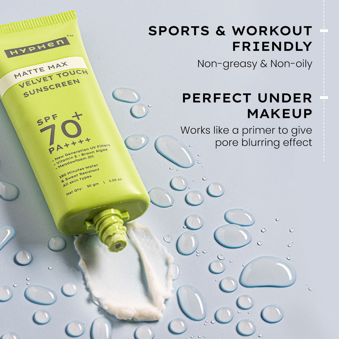 Hyphen Matte Max Velvet Touch Sunscreen SPF70+PA++++ Sweat & Water Resistant 12hr UV Protection