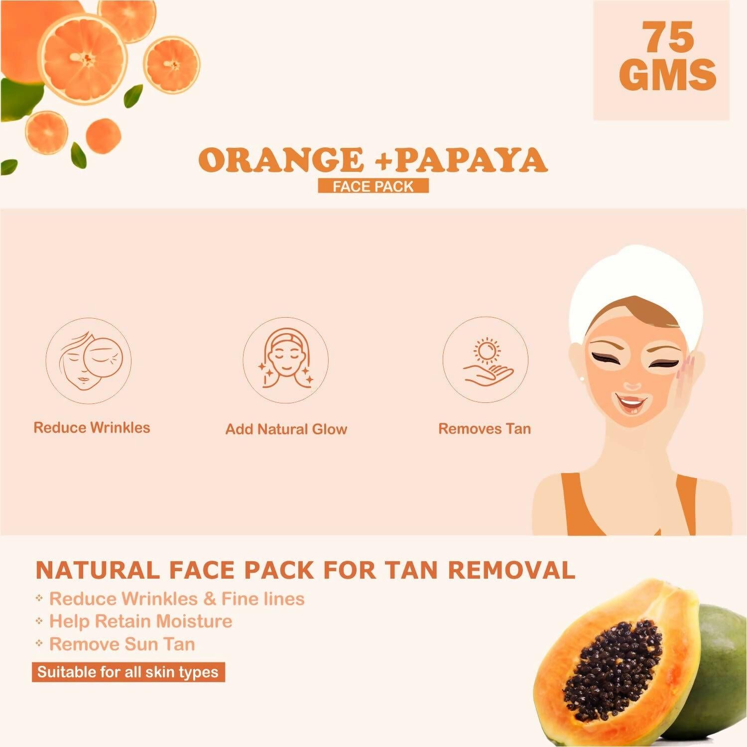 Kimayra Organic Orange + Papaya Face Pack Powder For Tan Removal, Helps In Retain Moisture & Reduce Wrinkles & Fine Lines