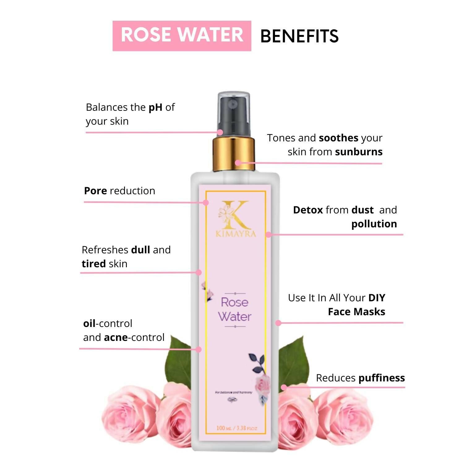 Kimayra Premium Rose Water Spray For Face - Skin Toner/Makeup Remover